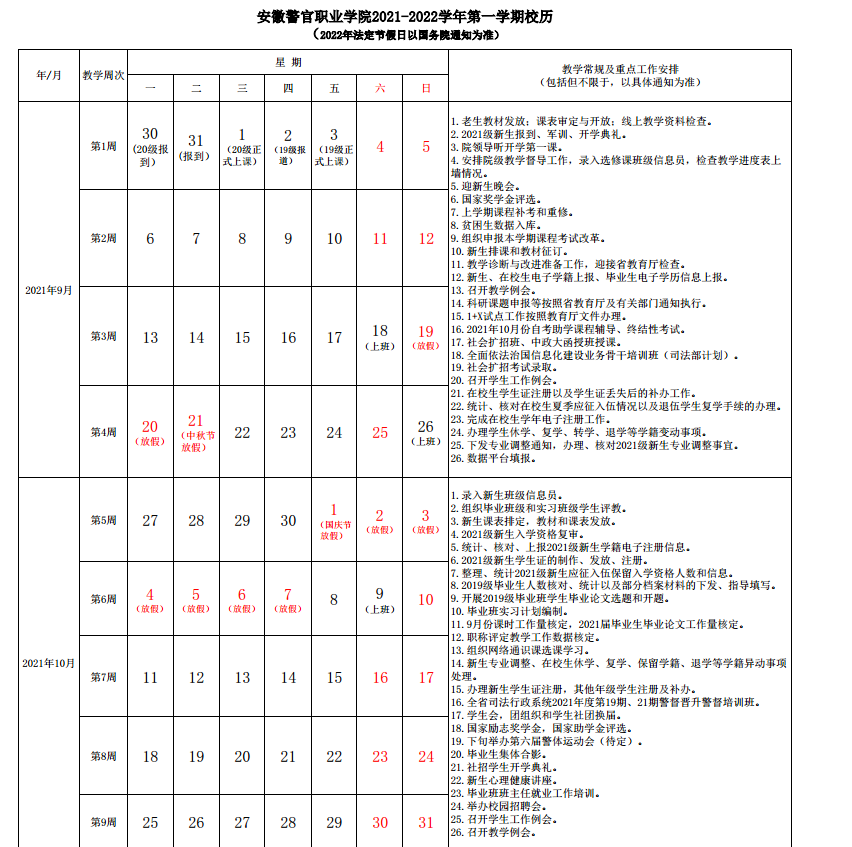 安徽警官职业学院寒假放假时间安排校历及什么时候开学时间规定