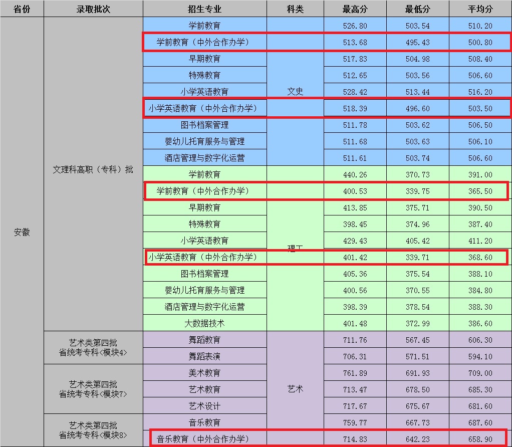 2021合肥幼儿师范高等专科学校中外合作办学分数线（含2019-2020历年）