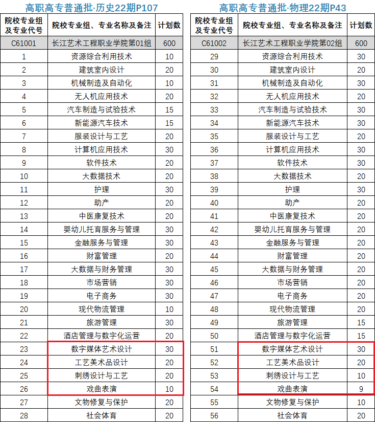 2022长江艺术工程职业学院艺术类招生计划