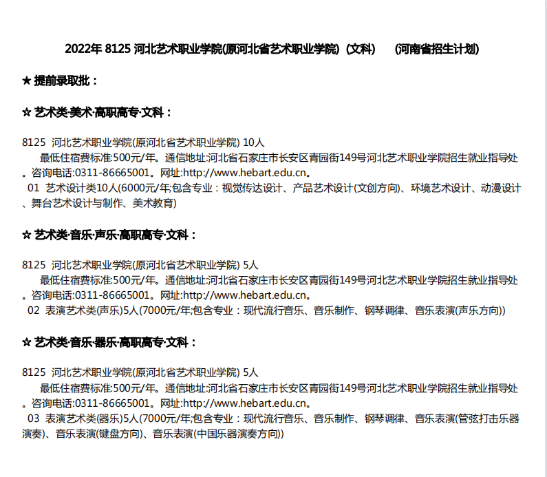 2022河北艺术职业学院艺术类招生计划