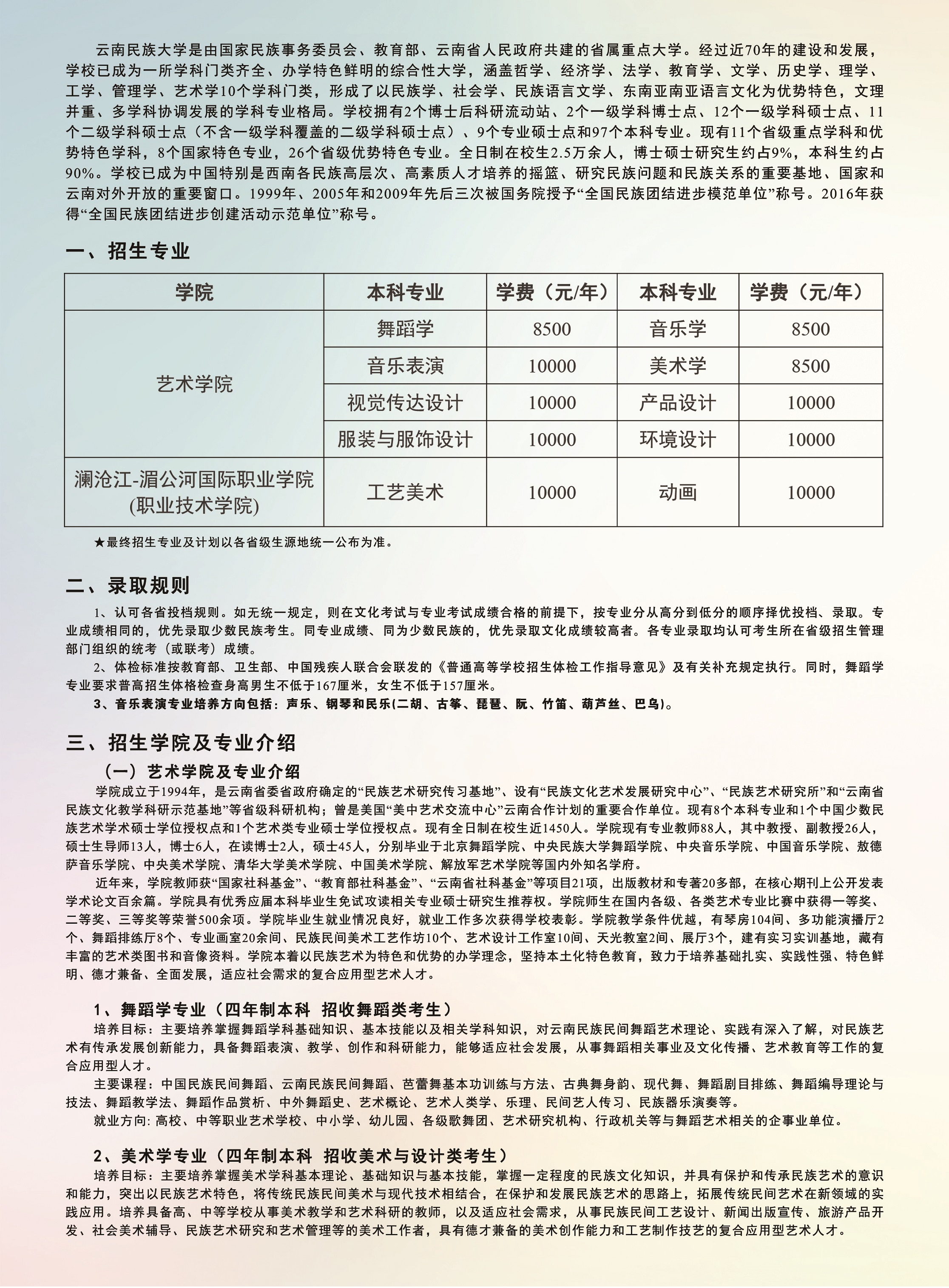 2020云南民族大学艺术类招生简章