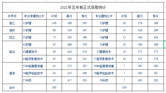 2021保山中医药高等专科学校录取分数线一览表（含2019-2020历年）