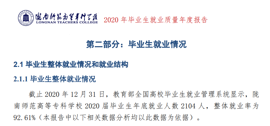 陇南师范高等专科学校就业率及就业前景怎么样（含2021届就业质量报告）