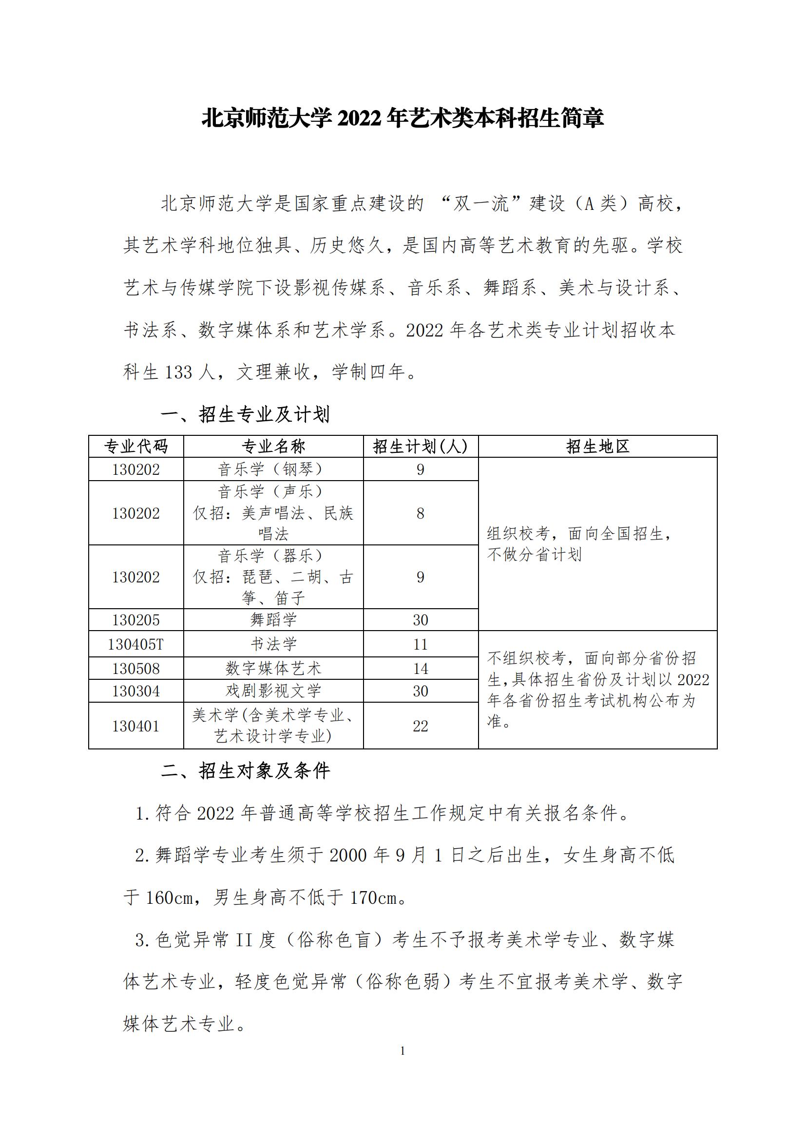 2022年北京师范大学艺术类招生简章