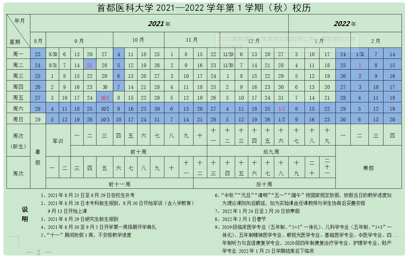 首都医科大学寒假放假时间安排校历及什么时候开学时间规定