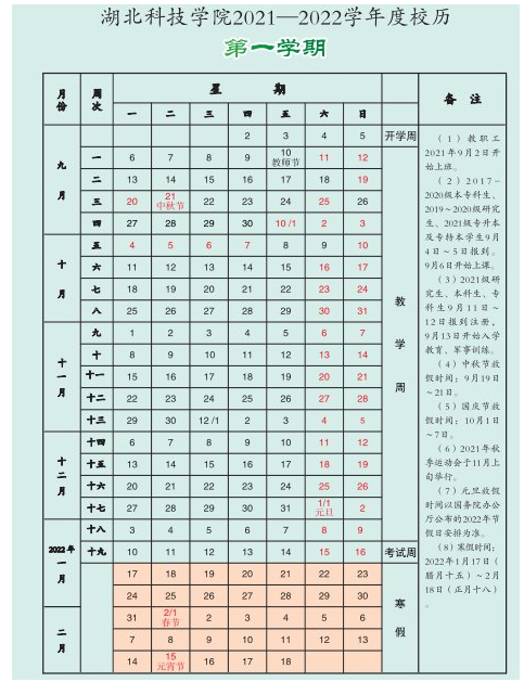 湖北科技学院寒假放假时间安排校历及什么时候开学时间规定