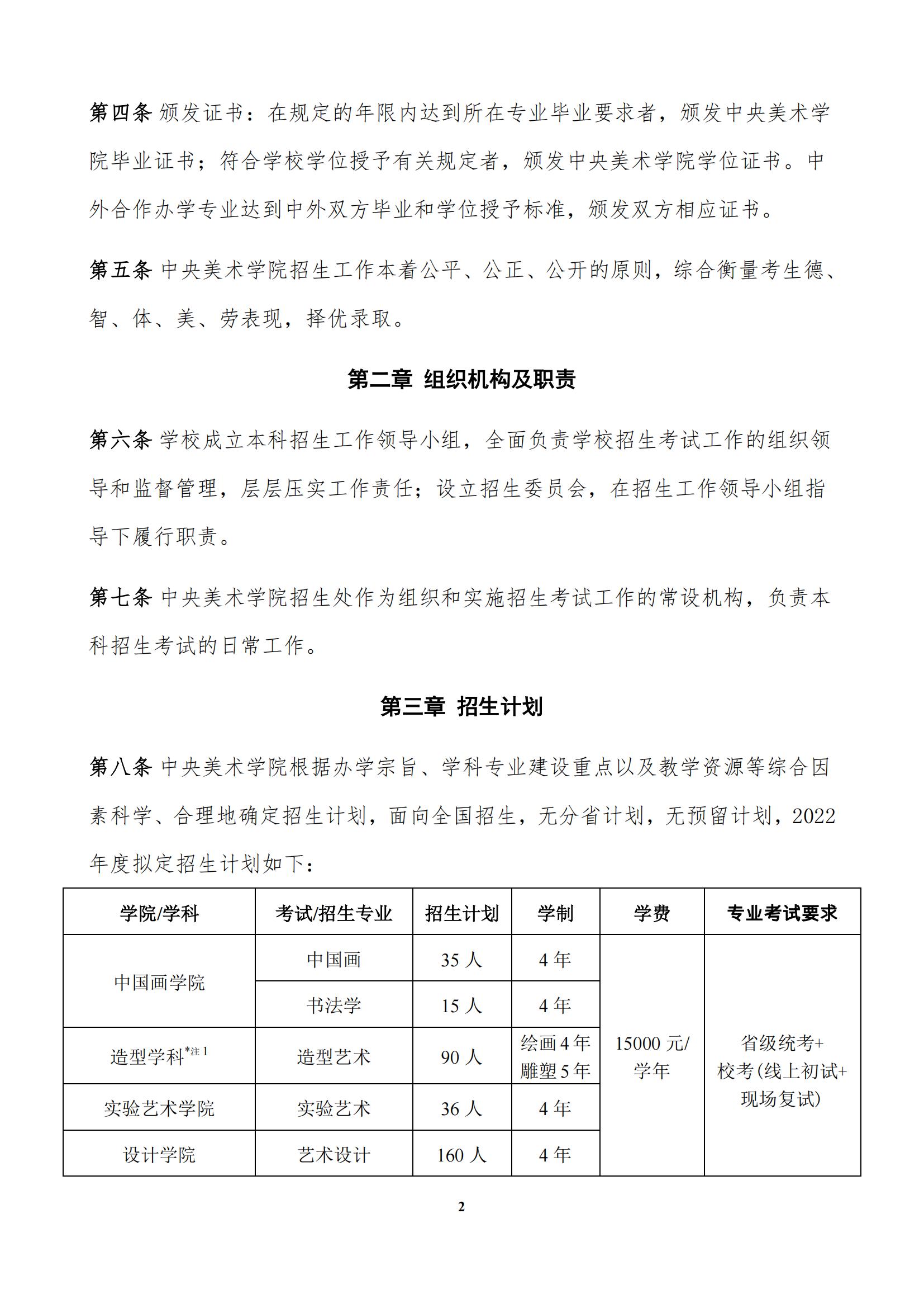 2022年中央美术学院艺术类招生简章